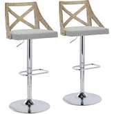 Charlotte Adjustable Swivel Bar Stool in Chrome, White Washed Wood & Light Grey Fabric (Set of 2)